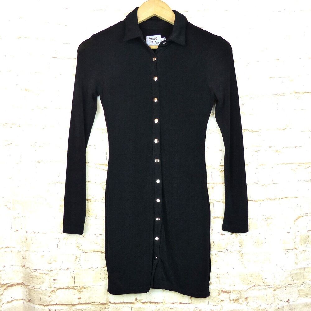 Princess Polly Elody Dress Women US 4 S Black Mini Button Stretch Bodycon Goth